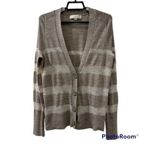 LOFT Ann Taylor 28% Wool Beige Tan Striped Cardigan Sweater Shirt Size Medium